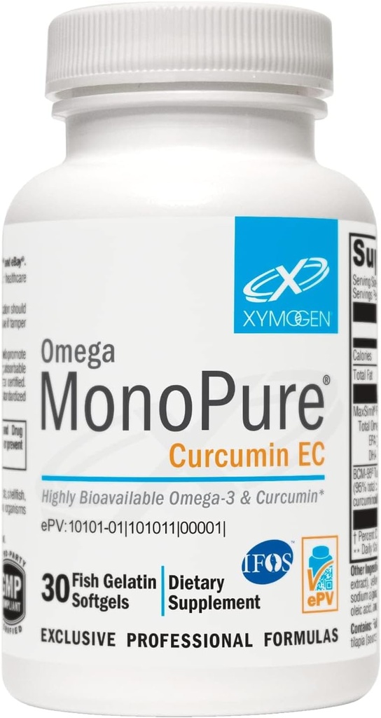 XYMOגן אומגה MonoPure Curcumin EC - שמן דגים עם הגדלת DHA EPA Absorption + Turmeric Extract - אומגה 3 עבור תמיכה ב- Cytokine Balance Support (30 Softgels)