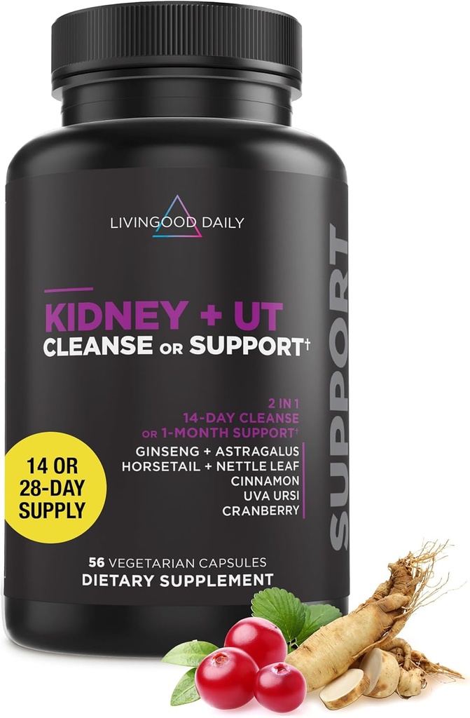 Livingood Daily Kidney Cleanse " Urinary Tract Support supplement for Women " Men, 14-Day Detox or 28-Day Wellness Routine with Cranberry, Nettle Leaf, Astragalus " Cinnamon, Gluten Free, 56 Capsules