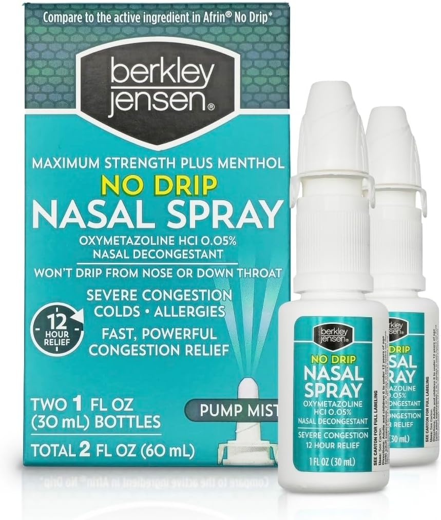 berkley jensen No Drip Sunkus Congestion Nazal Spray - Maksimalus stiprumas Decongestant su Oxymetazoline HCl & Menthol - Pump Mist Applicator, Nr Steroidų, 12 Valandų Relief, 1 Skysčių Ounce (Pack of 2)