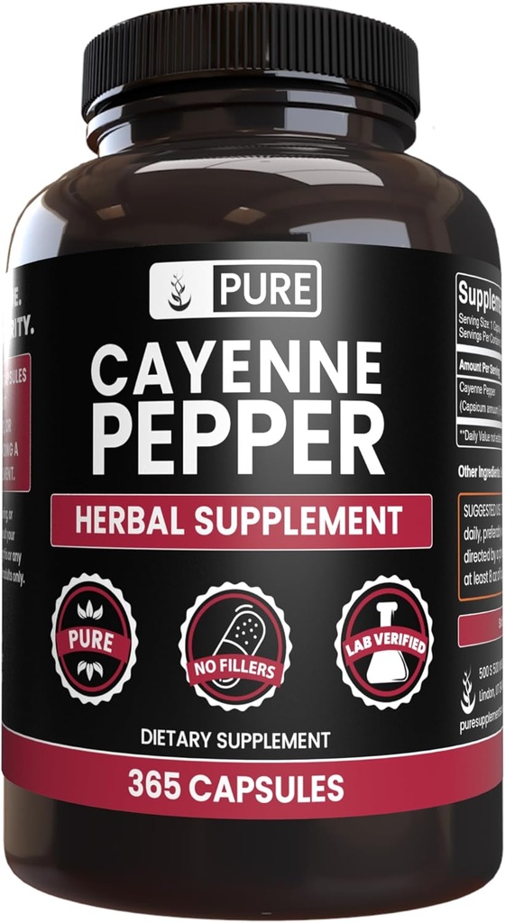 PURE ORIGINAL INGREDIENTES Cayenne Pepper (365 capsules) No Magnesio o arroz Filleres, Puro, Lab Verificado