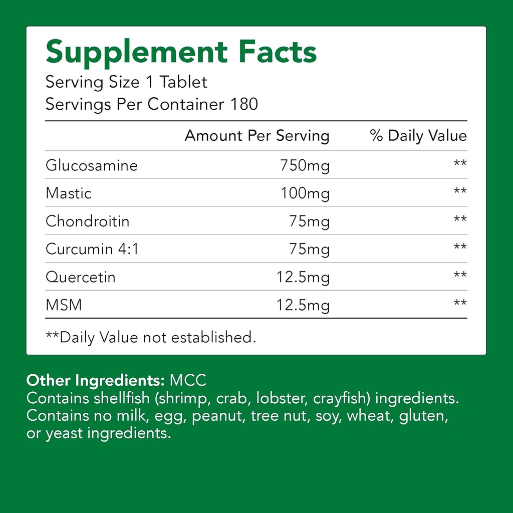 Premium Glucosamine + Chondriotin + MSM + Mastic + Curcumin (750mg) | Bone & Joint Health (1 Bottle-180 Capsules-6mo Supply) | Vitamin for Joint Support | Non-GMO & Gluten Free