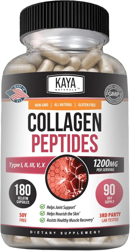 Kaya Naturals Multi Collagen Peptydes Complex Powder for Women and Men, Typy I, II, III, V & X 124; 180 Kapsułki