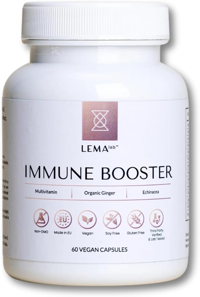 LEMAlab Immune Booster - 60 Vegan Capsules - B-Complex, Vitamin C & E, Organic Ginger & Echinacea - Antioxidant Formel - Stöder Immun Funktion & Energi Metabolism