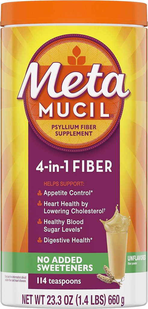 Metamucil Fiber, 4-v-1 Psyllium Fiber Supplement, Sugar Free Powder, Neochutený nápoj, 114 Servings (Backaging May Vary)