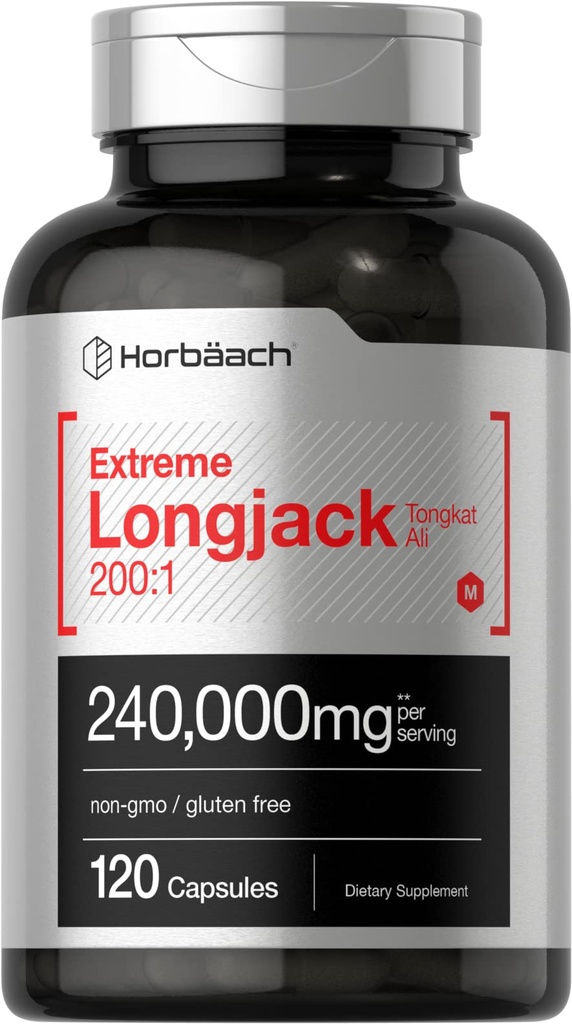 Horbäach - Longjack Tongkat Ali | 120 Capsules | Extreme Male Performance Supplement | Super Concentrated Herbal Extract Formula | Non-GMO & Gluten Free Pills