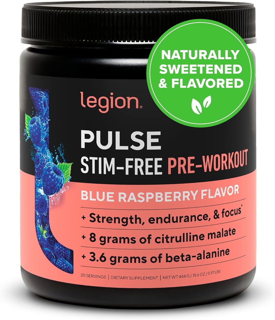 LEGION Pulse Pre Workout supplement - All Natural Nitric Oxide Preworkout Drink to Boost Energy, Creatine Free, Naturally Sweetened, Beta Alanine, Citrulline, Alpha GPC (Caffeine Free Blue Razz)