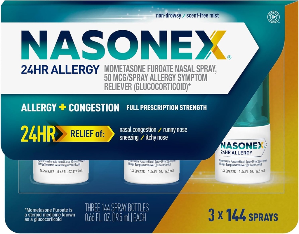 Nasonex 24HR Allergy Nasal Spray, Non-Drowsy, Scent-Free Mist, Allergy Symptoms + Nasal Congestion, Full Prescription Strength, 120 Sprays (3 Pack)