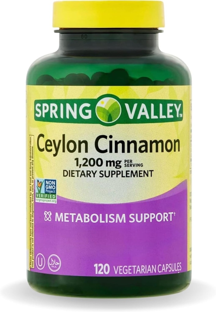 Cápsulas de Cinnamon de Ceilão de Spring Valley 1200 mg Cápsulas, Metabolismo de Suporte * 120 Count * Comprimidos Não-GMO e Glúten (Pacote de 1)