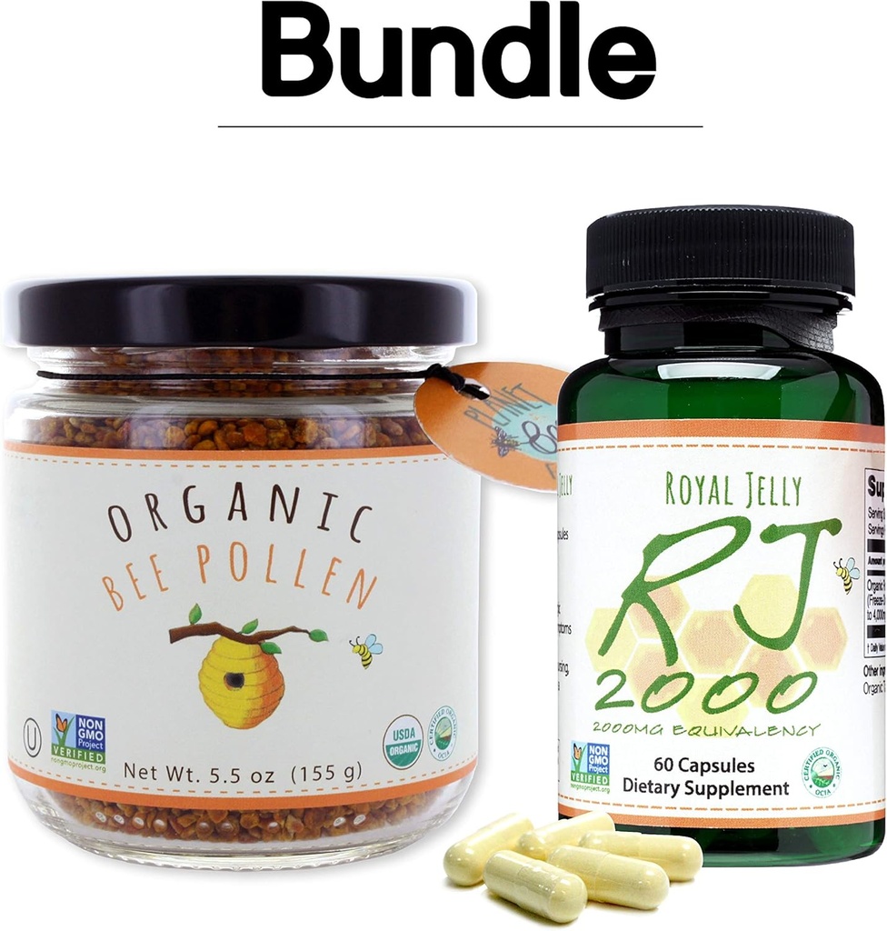 Greenbow Organic Bee Pollen - 100% USDA Certified Organic, Pure, Natural Bee Pollen - Superfood Packad med proteiner, vitaminer och mineraler - 155g Royal Jelly 2000mg 60 caps