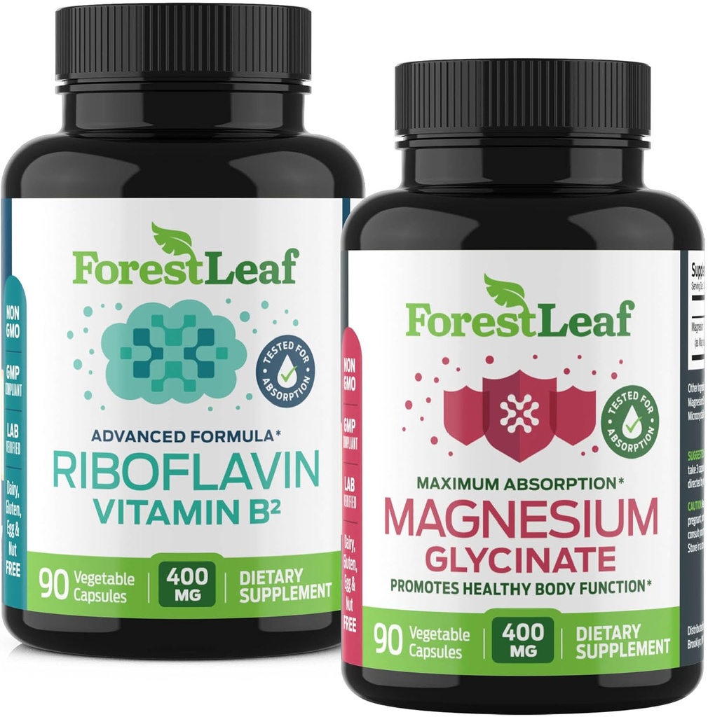 ForestLeaf Riboflavin & Magnis Migraine Additive - Riboflavinas 400mg galvos skausmams gydyti - Ultimate Magnis Glycinate Bundle su B2 Vitaminas 400mg galvos skausmams gydyti Migrena Relief Capsules