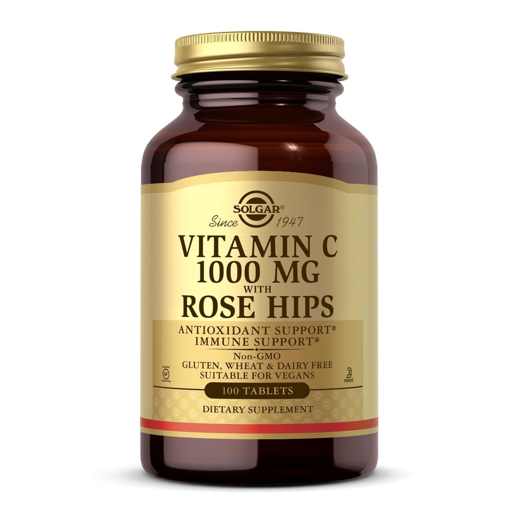 Solgar Vitamin C 1000 mg with Rose Hips - 100 Tablets - Antioxidant & Immune Support - Non-GMO, Vegan, Gluten Free, Dairy Free, Kosher - 100 Servings