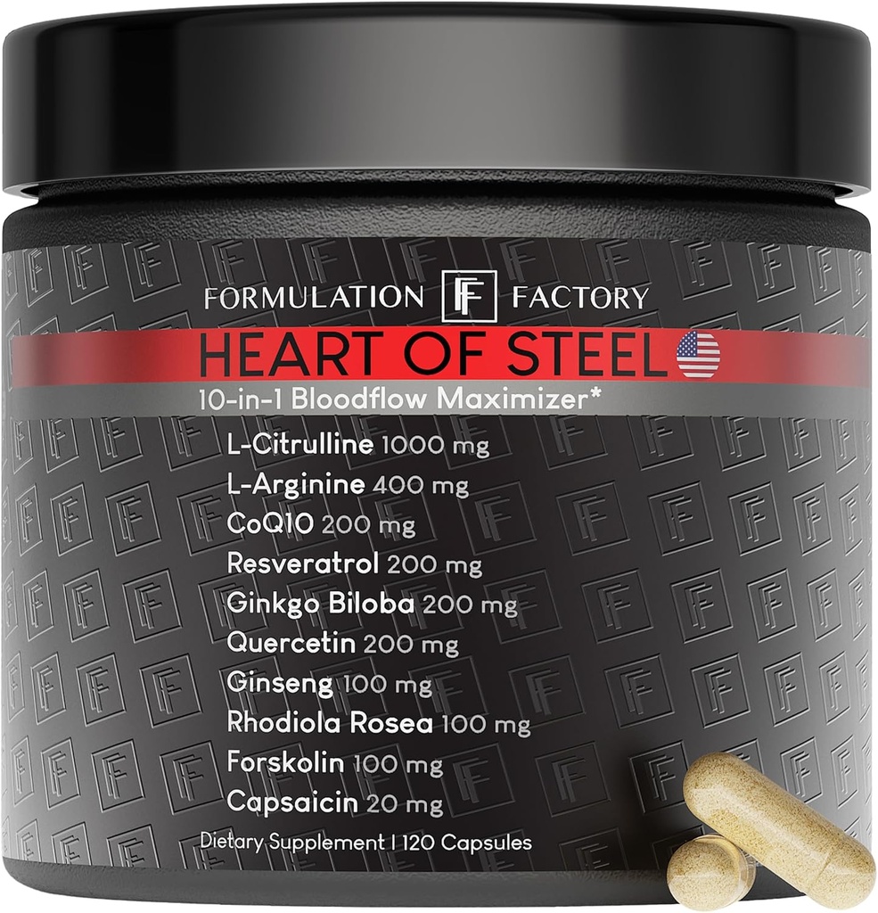 Formulace Factory Heart of Steel: 10- in-1 Metabolický Maximizer Oxidy dusíku Dodatek, Podpora krevního tlaku, L Arginin, L Citrulline Natural Pre- Cvičení: Energetický management 120 Počet