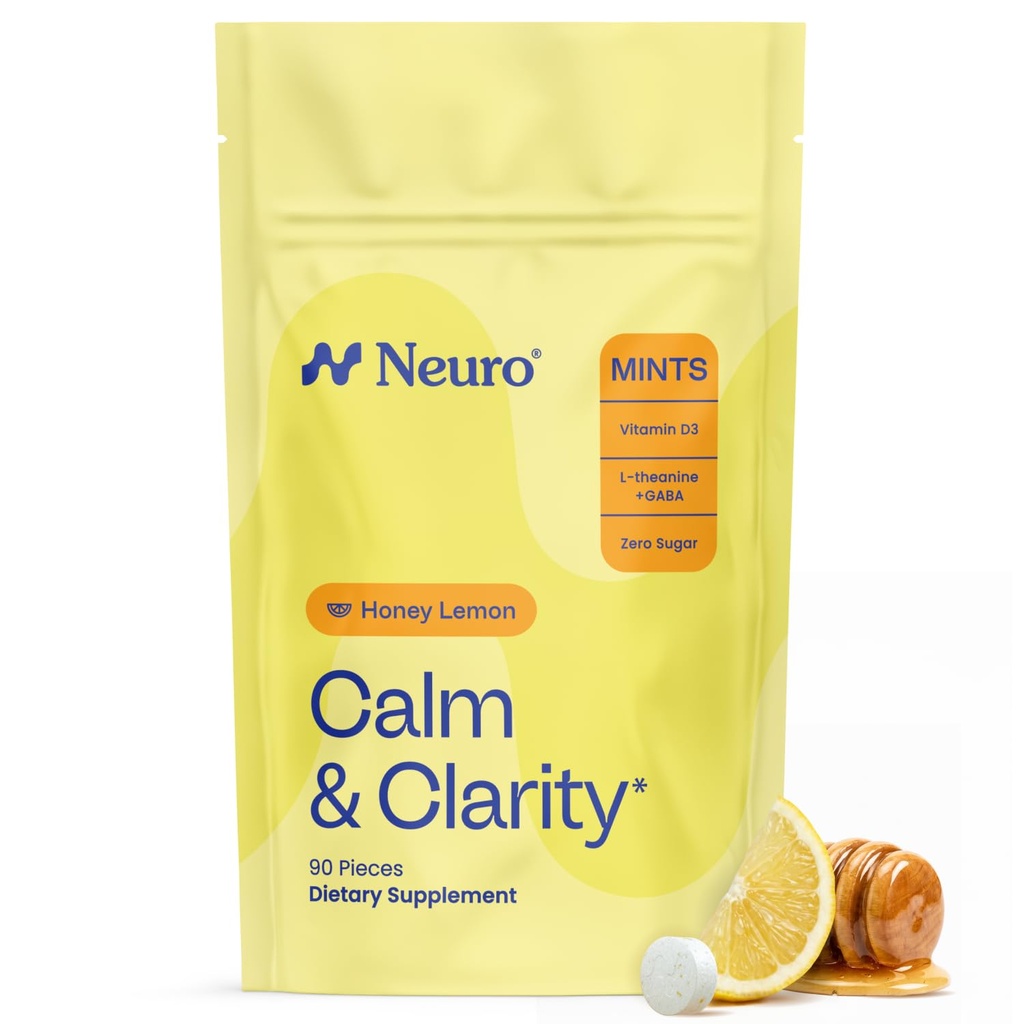 Neuro Calm & Clarity Mints - GABA L-Theanine Stress Supplement with Vitamin D3 - Non-Drowsy, Functional Calming Mints for Mood, Mental Clarity & Cognitive Function - Honey Lemon, 90 ct