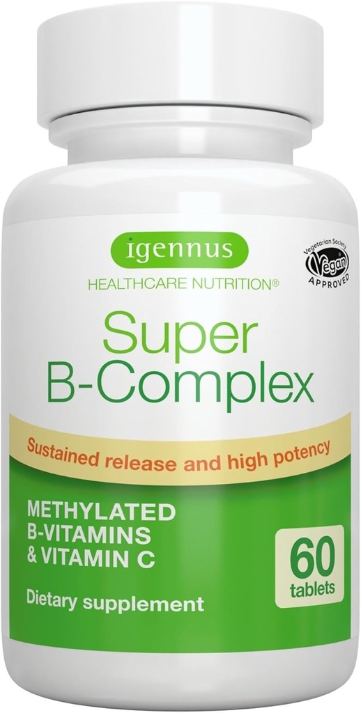 Igenus Super B-Complex Metylert B-vitaminer, hele dagen Næringsstoff Levering, Ren etikett, MTHFR Supplement med Metylfolat & B12 Metylkobalamin, Vegan, Lab verifisert, 60 små tabletter