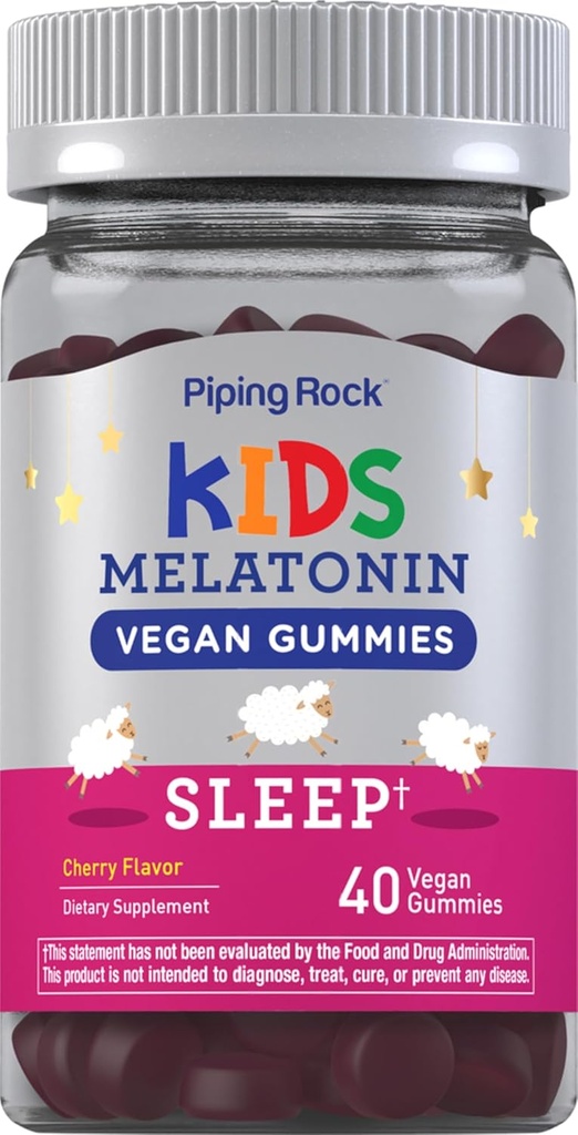 Piping Rock Kids Melatonin Gummy 1mg | 40 Gummies | Cherry Flavor | Vegan, Ez-GMO, Gluten Free Supplement