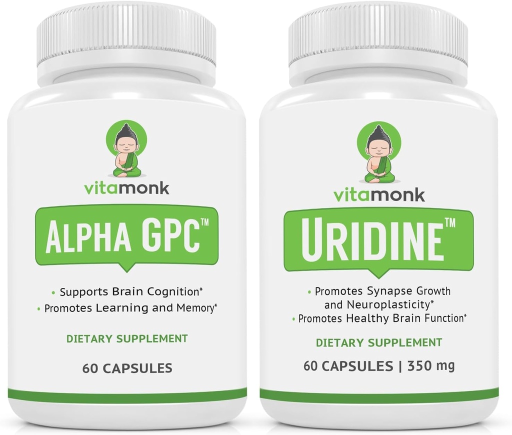 VitaMonk Alpha GPC and Uridine Stack - Mr Happy Stack - Morydyna monofosforan bez sztucznych wypełniaczy - Biodostępne suplementy choliny Promowanie Cognition, Focus, Mental Clarity