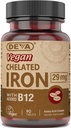Deva Vegan Chelated Iron dengan tambahan Vitamin B-12, Dietary Suplemen, 29 mg, 90 Cacah