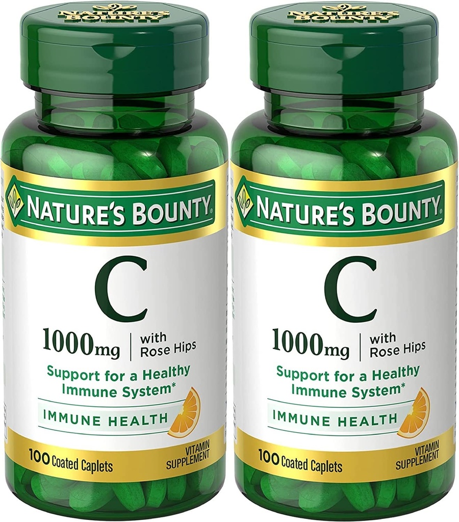 Nature's Bounty Vitamin C + Rose Hips, Immune Support, 1000mg, Coated Caplets, 100 Ct - Pack of 2