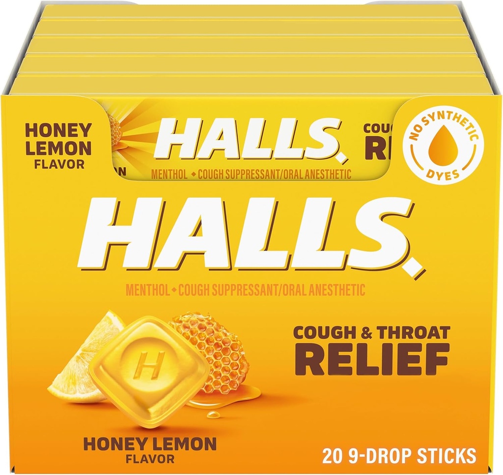 HALLS Cough and Throat Relief Honey Lemon Cough Drops, 20 Sticks of 9 (180 Total Drops)