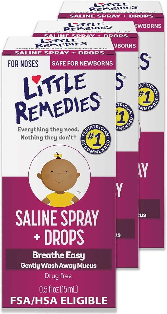 Little Remedies Stérile Baby Saline Spray et gouttes nasales, sans danger pour les nouveau-nés pour soulager les nezes farcies et sèches, 0,5 Fl Oz, boîte de 3