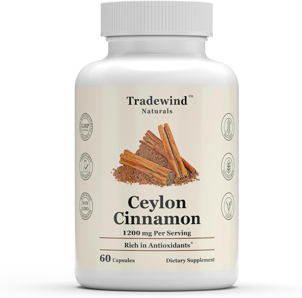 Ceylon Cinnamon 1200mg - Pure Ceylon Cinnamon - Vegan - Non-GMO - Support Heart and Cognitive Health - Rich in Antioxidants - 60 Vegetable Capsules - Made in The USA