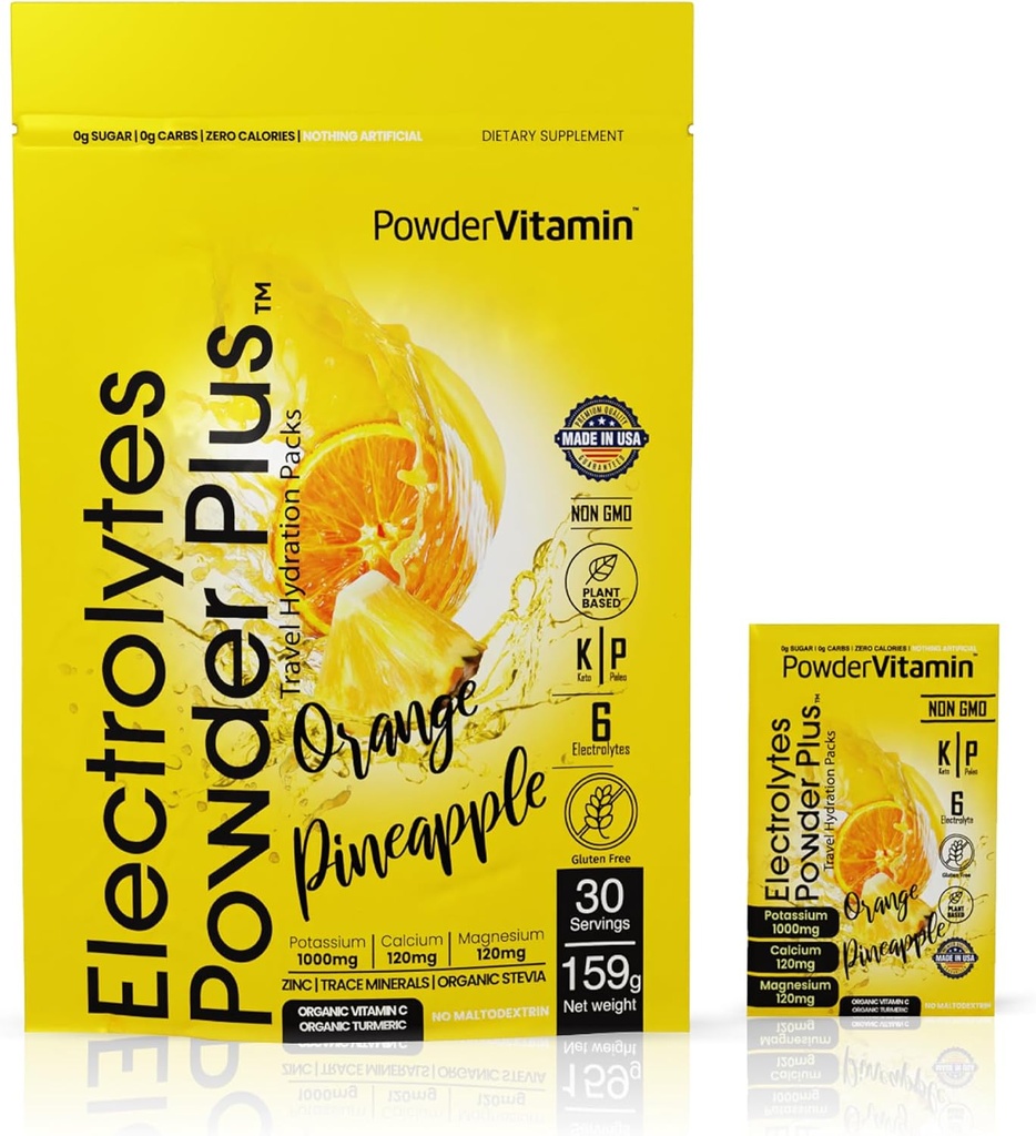 PowderVitamin Electrolytes Powder Plus, Keto, Orange Ananász, Sugar Free, 1000mg Kálium, 120mg Kalcium, 120mg Magnézium, Non- GMO, Nulla kalória, 30 hidratációs csomag