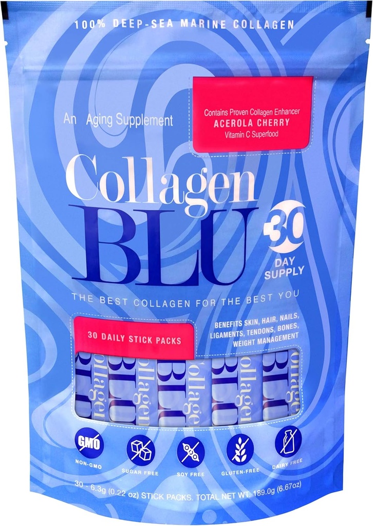 Colágeno BLU Premium Colágeno Marinho com Superalimento Derived Vitamina C para melhor absorção, Tipo 1 e 3, Não-GMO, Paleo & Keto Friendly, 30 Stick Packs