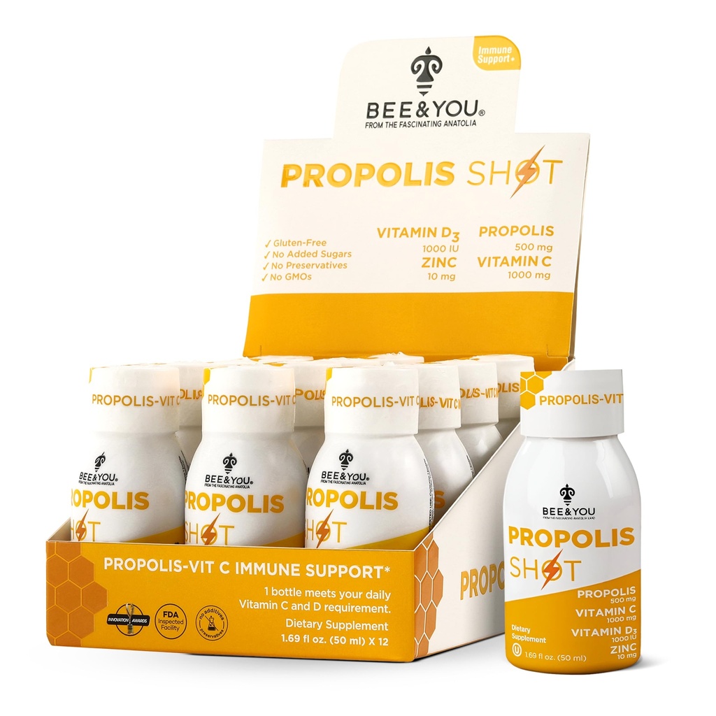 BEE and You Immune Support 100% Natural Propolis Shot Supplement, Antioxidants, Vitamin C, VIT D3, Zinc, Orange Juice, Raw Honey, 1.69 fl. oz x 12 Bottles