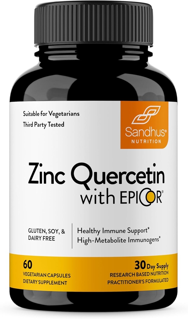 Sandhu’s Zinc Quercetin con EpiCor 60 capsule vegetariane - Gluten-Free Zinc Supplement - Supporto immunitario ad alta potenza