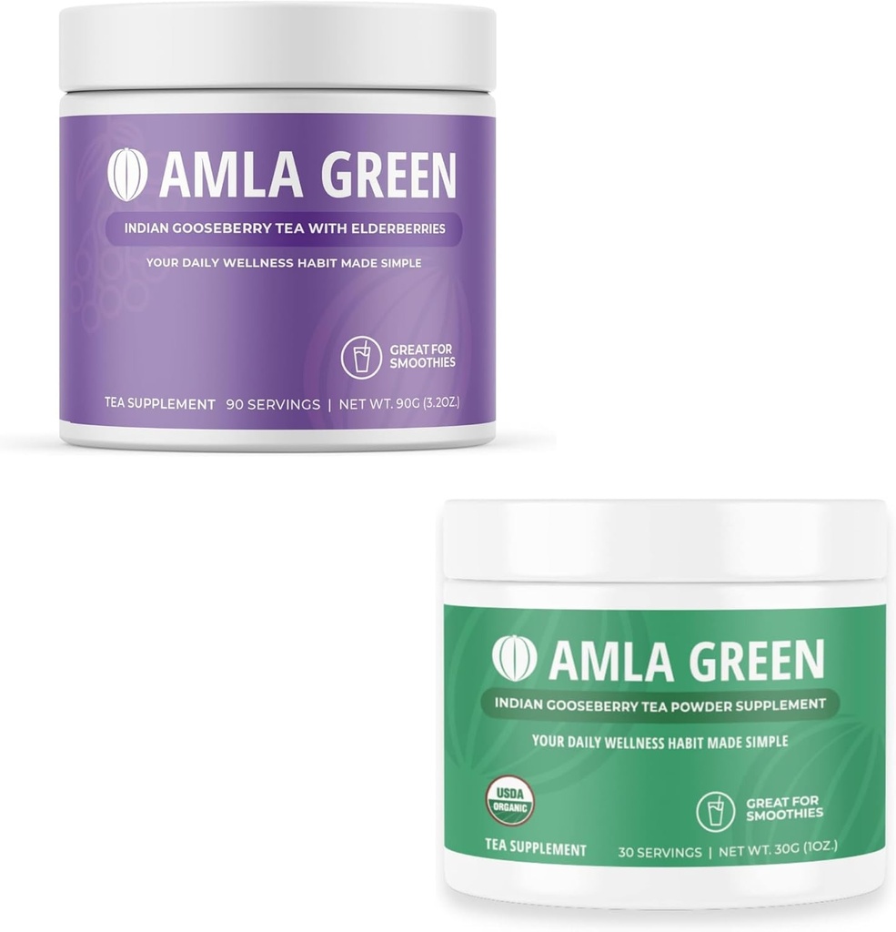 Amla Powder & Green Tea Superfood Supplemento, Antiossidante Supporto, Realizzato con Elderberries (90 Serve) & Ovoci indiani (30 Serve), Organico, Vegan