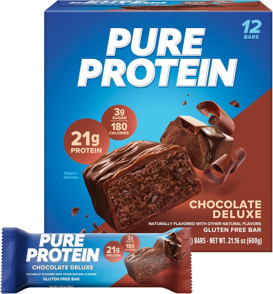 Pure Protein Bars, High Protein, Spuntini Nutritious per sostenere l'energia, Basso zucchero, Gluten Free, Chocolate Deluxe, 1.76 oz., 12 Conte(Pack of 1) (Packaging può variare)