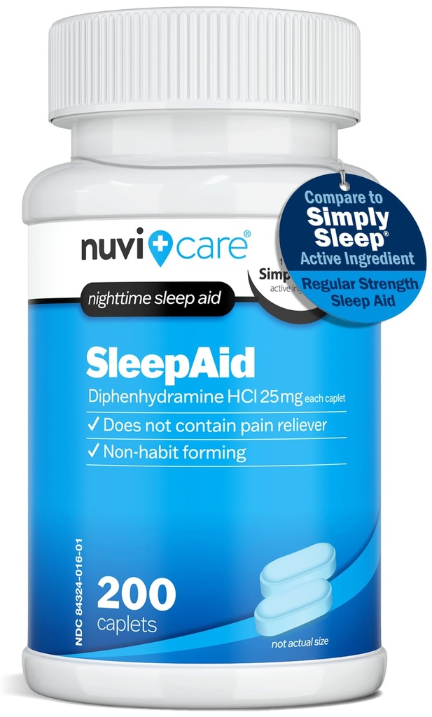 NUVICARE Nighttime Sleep Aid with Diphenhydramine HCl 25 mg - Non Habit Forming Regular Strength Sleeping Pills for Adults - Does Not Contain Pain Reliever - OTC Sleep Aids for Adults (200 Caplets)