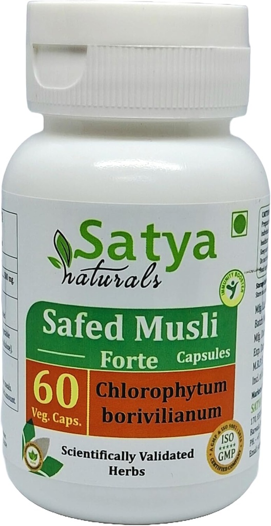 Safed Musli Forte Capsules 500 mg. 60 Veg. Capsule | Safed Musli (Chlorophytum Arundinaceum) Extract Capsules for Men and women | Ayurvedic Herbal Supplement/Remedies (1 Bottle of 60 Capsules)