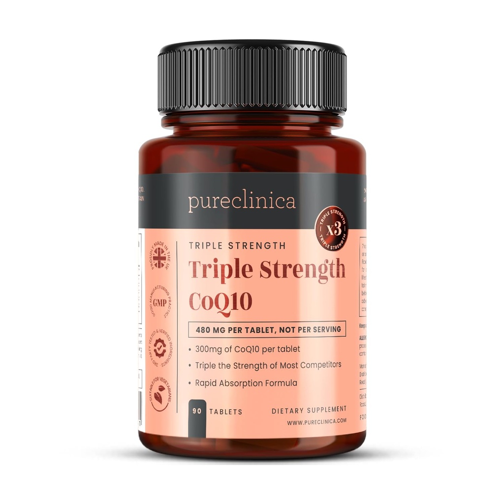 pureclinica Fermented CoQ10 300mg x 90 Tablets. Non GMO, USP Grade. with Added Vitamin C and Black Pepper Extract for Absorption.
