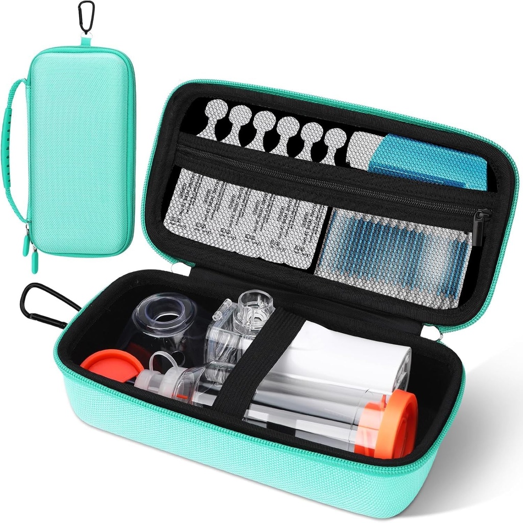 Asthma Inhaler Case, Portable Nebulizer Organizer, Travel-Ready with Mesh Pocket, Double Zippers, Silicone Handle, Kids and Adults, Stylish Green
