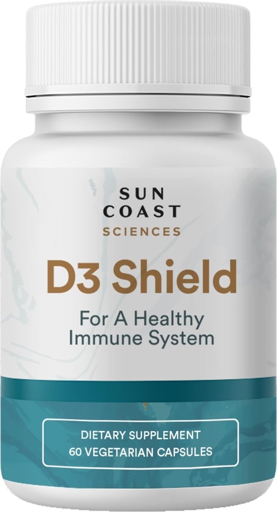 Sun Coast Science Sciences D3 Shield - vitamin D3 5000 IU for immunstøtte og bein helse 60 vegetariske kapsler K2 med 180 mg kalsiumkarbonat maksimal absorpsjon