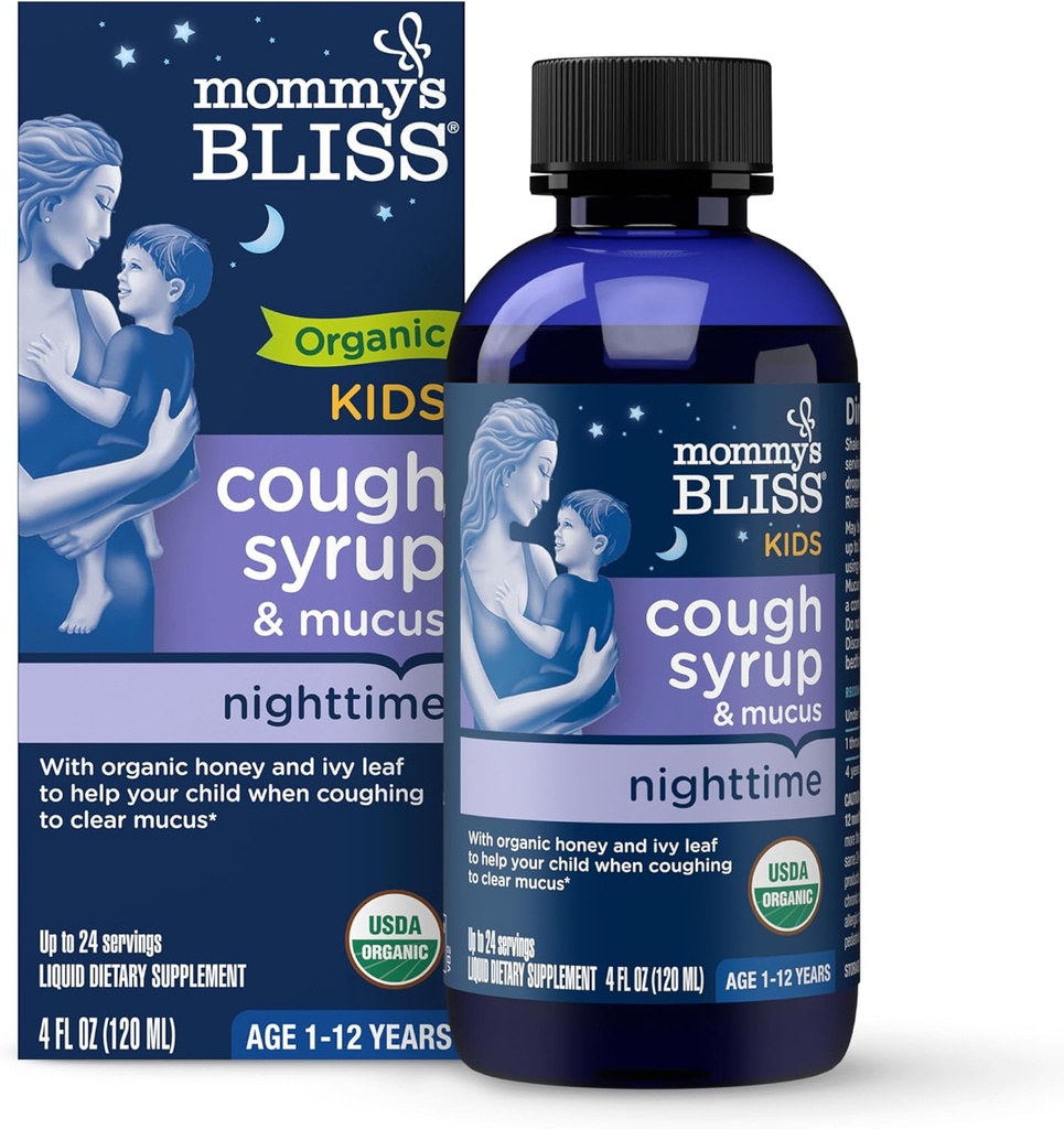 Мами Bliss Organic Kids Cough Syrup & Mucus Relief для нічного часу, Літа і меду, Ivy Leaf, цинк, вітамін С, +Herbal Nighttime Blend, 4 Fl z