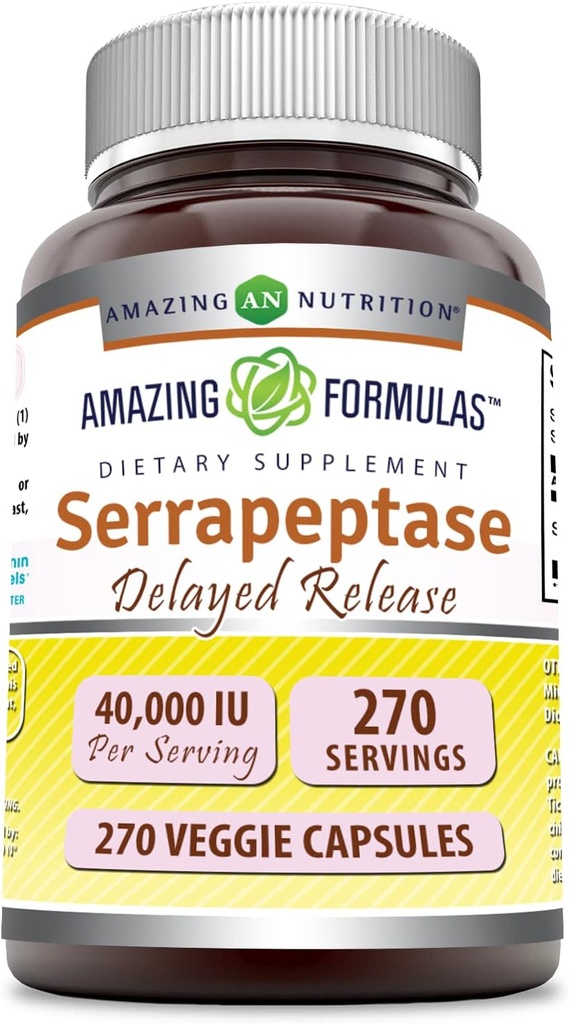 Amazing Formulas Serrapeptase Supplement | 40,000 IU | Veggie Capsules | Non-GMO| Gluten Free | Made in USA (270 Count)