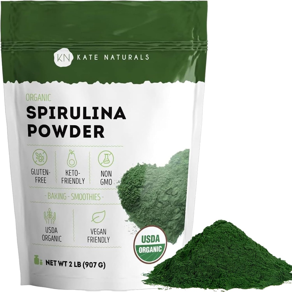 Kate Amoranic Spirulina Powder. Nutrient Dence Superfood for Smoothies and Juice (2 lb, USDA Certifikasi, Non-GMO, Gluten- Bebas)