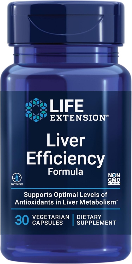 Life Extension Liver Efficiency Formula, apoya la función saludable del hígado en el nivel celular y niveles óptimos de antioxidantes en el metabolismo del hígado, libre de gluten, no GMO, vegetariano, 30 cápsulas