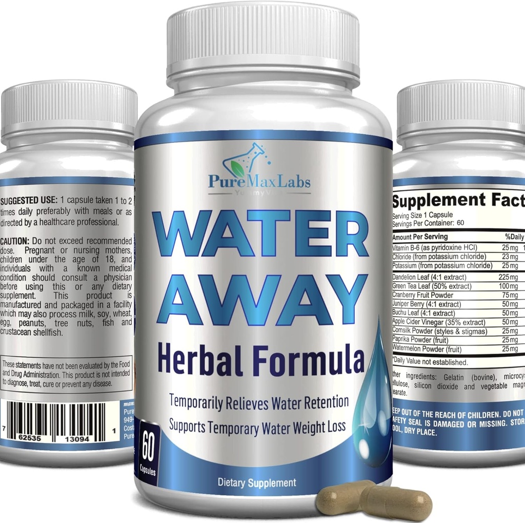 Water Away Gentle Herbal Diuretic - Natural Diuretic Water Pills - Relieve Bloating, Reduce Excess Water Weight with Dandelion Leaf, Green Tea, Detox Cleanse & Urinary Health. Nem GMO, 60 kapszula