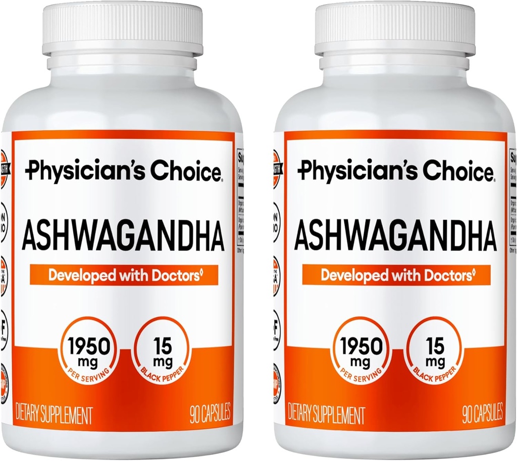 Physician's CHOICE Ashwagandha 1950mg Organic Ashwagandha Кореневий порошок з екстрактом чорного перцю, підтримка стресу, настроювання добавки, 90 Veggie Ashwagandha Capsules - 2 PCK