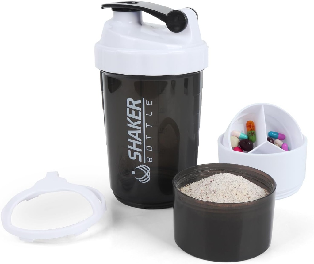 Shake Bottle - Protein Shake Cup dengan Kompartemen Penyimpanan - Leak- bukti Workout Shake Bottles dengan Mixer untuk Smooth Mixing- 500ML / 16oz (WHITE & BLACK)