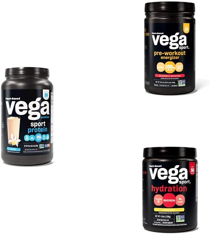 Vega Sport Routine Bundle - Premium Vanilla Valgu Pulber (20 Servings) Maasikas Lemonaad Preworkout Energizer (25 Servings) ja Limonaad Elektrolüütide Hüdratsioon (50 Servings)