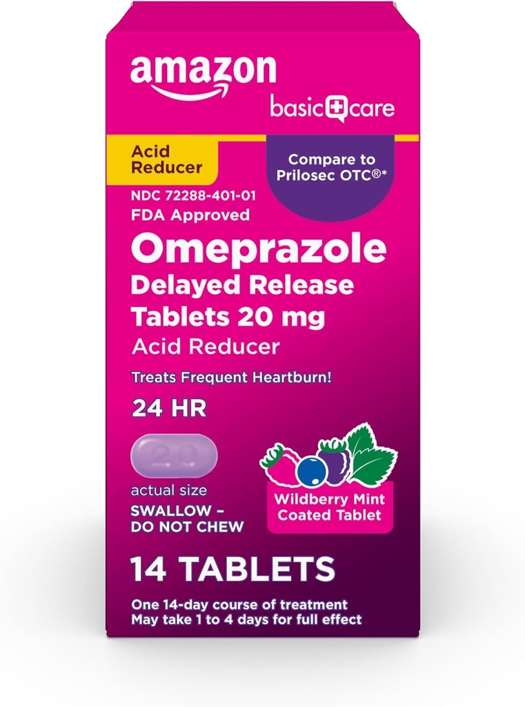 Basic Care Omeprazol Tablety s oneskoreným uvoľňovaním 20 mg, Acid Reducer, Wildberry Mint Coated Tablet, 14 Počet