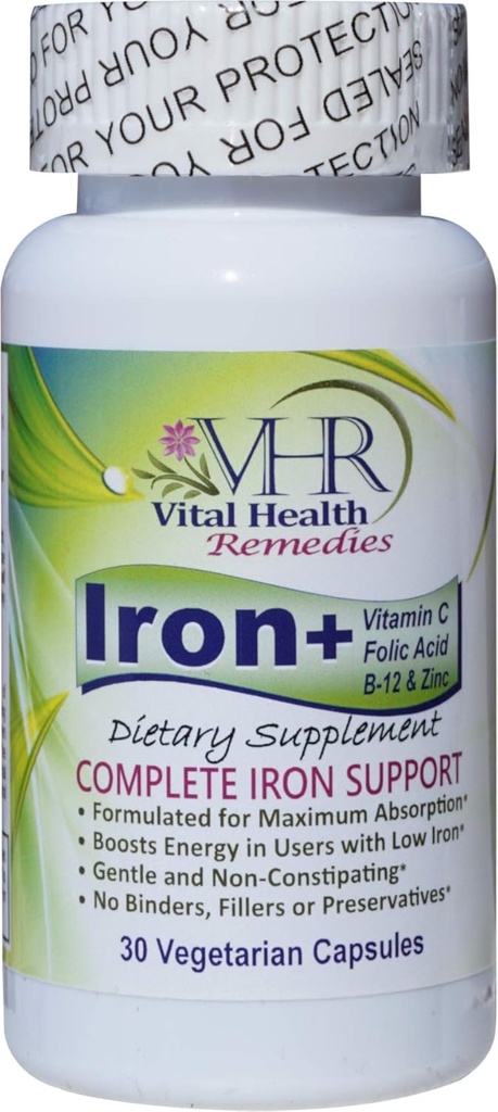 Iron+ amb un àcid Vitaminat C, FOLIC, B-12 & ZINC Preservatiu-Free, suau i sense cap fórmula per a l' absorció màxima. 30 barrets de Vigregie - Resmets de salut Vital