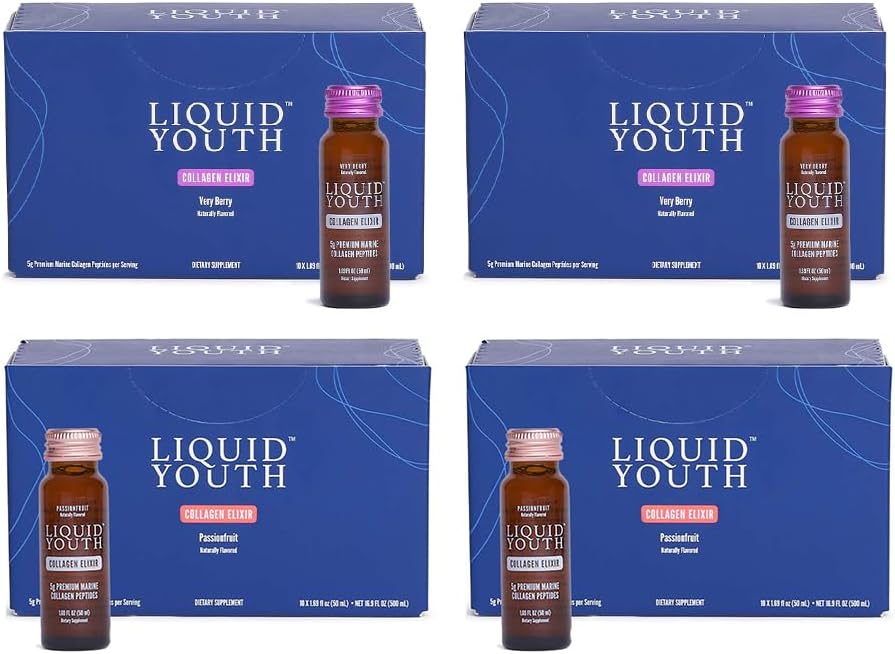 Liquid Collagen Elixir Shots for Women & Men - Premium Liquid Marine Collagen varten hiusten kasvua, ihoa, kynsiä, luuta ja yhteistä terveyttä - Pre-Mixed, matka-friendly (Passion Fruit & Very Berry, 40 tarjoilua)
