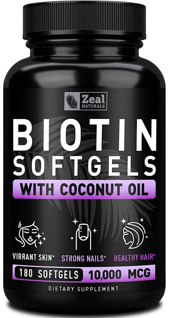 Zeal Biotin 10000mcg with Organic Coconut Oil Softgels | Vitamin Biotin Supplement | Hair Skin and Nails Vitamins for Women & Men | 6 mo Supply - 180 Gel Capsules