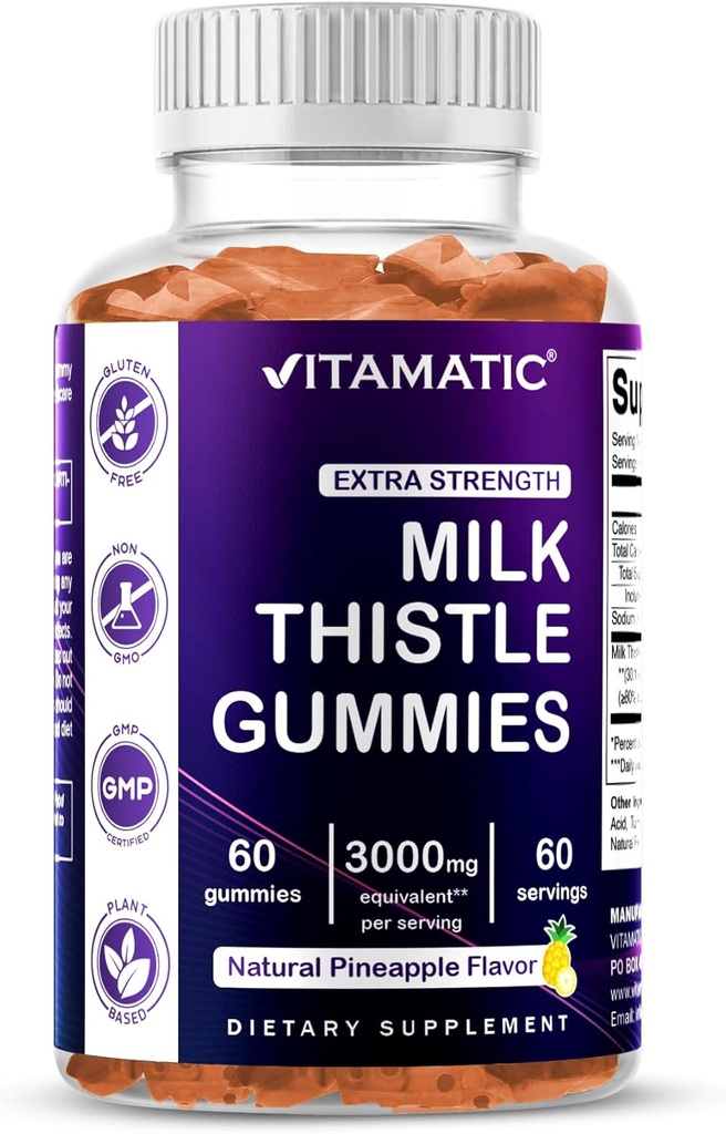 Vitamatic Milk Thistle Gummies- 10000 mg Equivalente por Serving (desde 50:1 Extracto 200 mg)- Detox de hígado " Anti Oxidant Health - Min. 80% Silymarin Flavonoids - 60 Gummies Basadas en Pectina