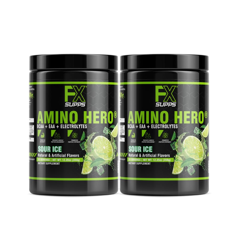 FXSUPPS Amino Hero Sour Ice Flavor (50 Servings) | Post-Workout Recovery Drink for Men and Women | Energy Powder Mix with BCAA, EAA, and Electrolytes | Promotes Endurance and Healthy Muscles - 2 Pack